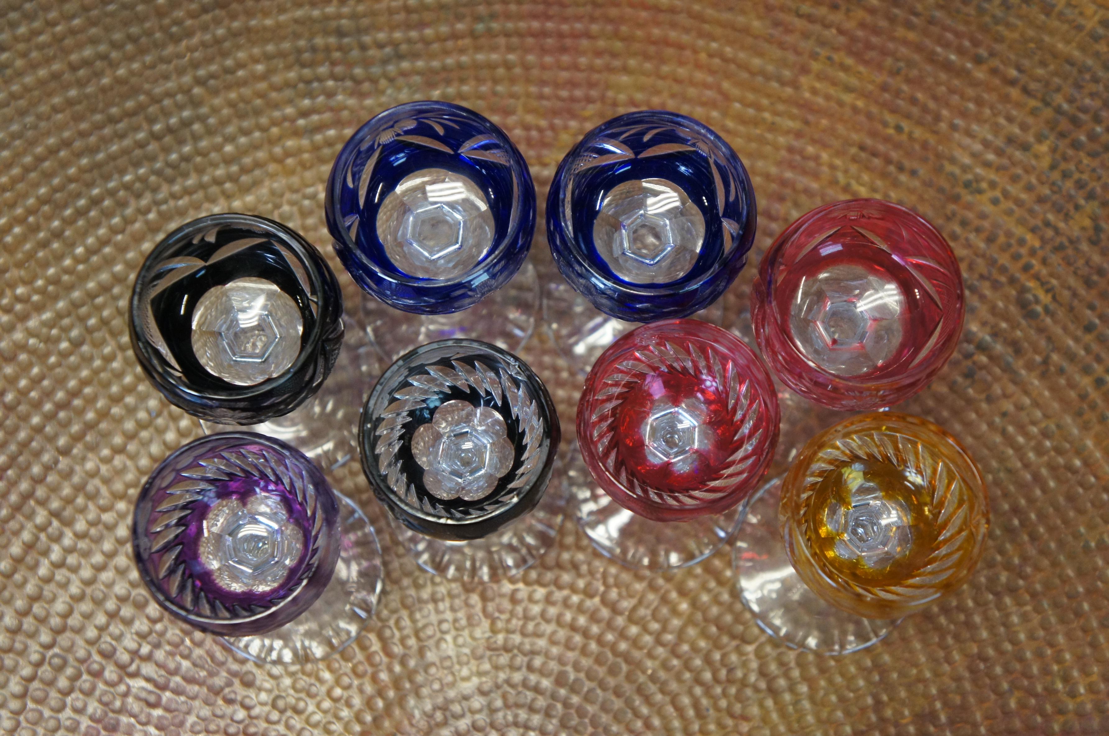 20th Century 8 Vintage Bohemian Czech Cut to Clear Crystal Cordial Shot Glasses 5