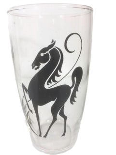 8 Vintage Cocktail Glasses with Stylized Prancing Horses in Black Enamel