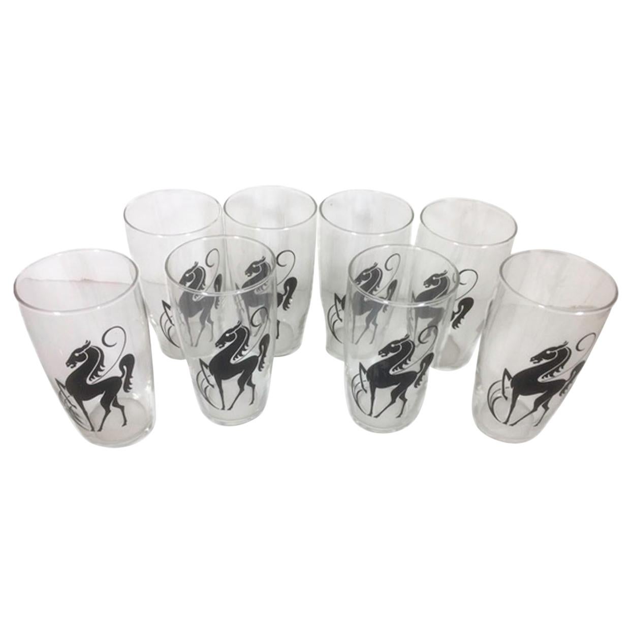 8 Vintage Cocktail Glasses with Stylized Prancing Horses in Black Enamel For Sale