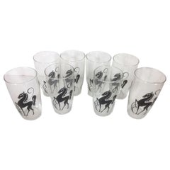 8 Vintage Cocktail Glasses with Stylized Prancing Horses in Black Enamel