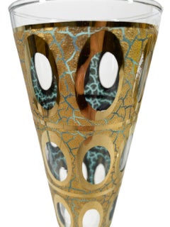 8 Vintage Culver "Pisa" Pilsner Glasses, 22k Crackled Gold over Green Enamel