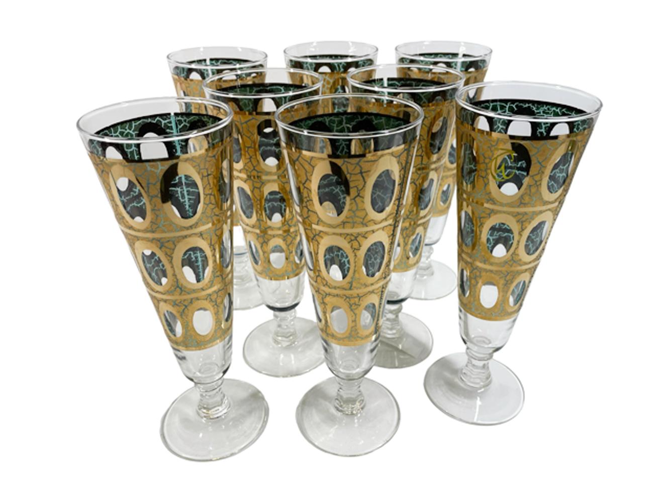 8 Vintage Culver „Pisa“ Pilsner-Gläser, 22k Craquelé-Gold über grüne Emaille im Zustand „Gut“ im Angebot in Chapel Hill, NC