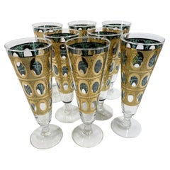 8 Retro Culver "Pisa" Pilsner Glasses, 22k Crackled Gold over Green Enamel