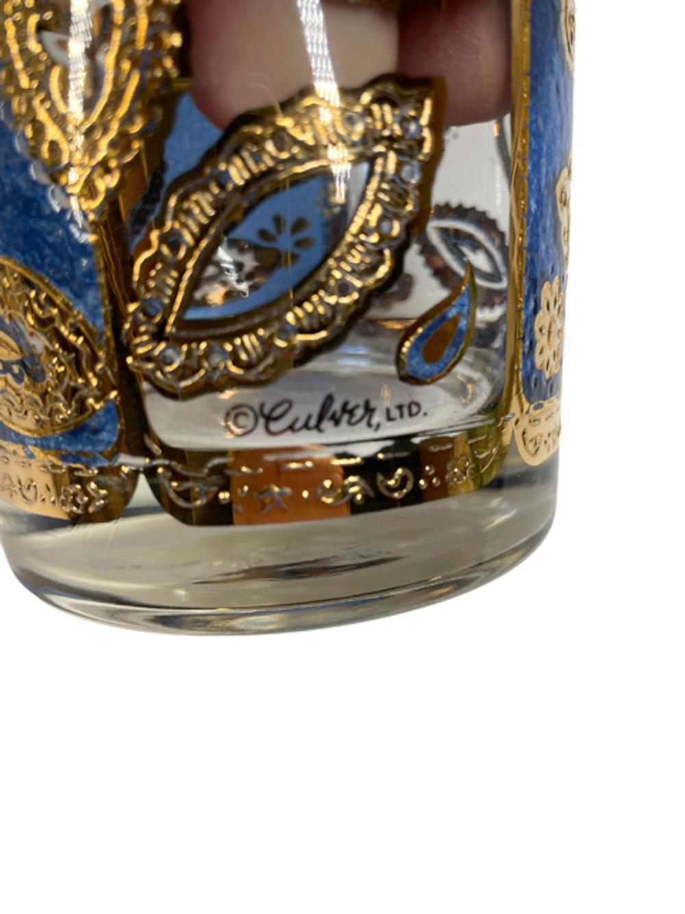 Mid-Century Modern 8 Vintage Culver Rocks Glasses with 22k Gold Leaves on Blue and Clear Ground
