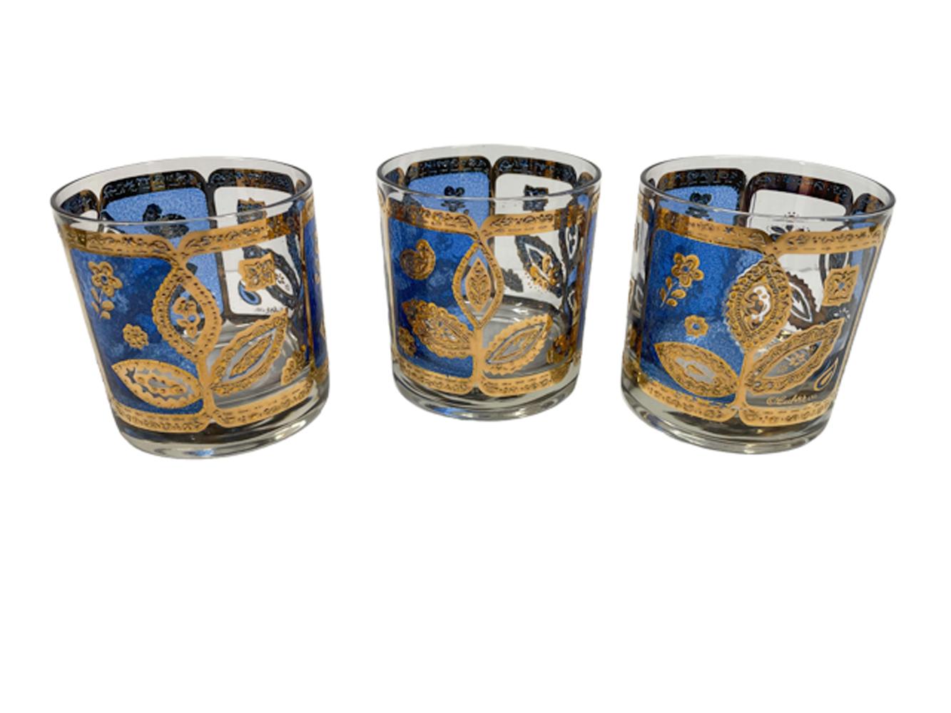 American 8 Vintage Culver Rocks Glasses with 22k Gold Leaves on Blue and Clear Ground