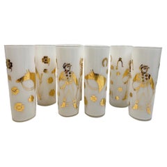 8 Vintage Fred Press Derby Time Tom Collins Glasses with White Frosted Interiors