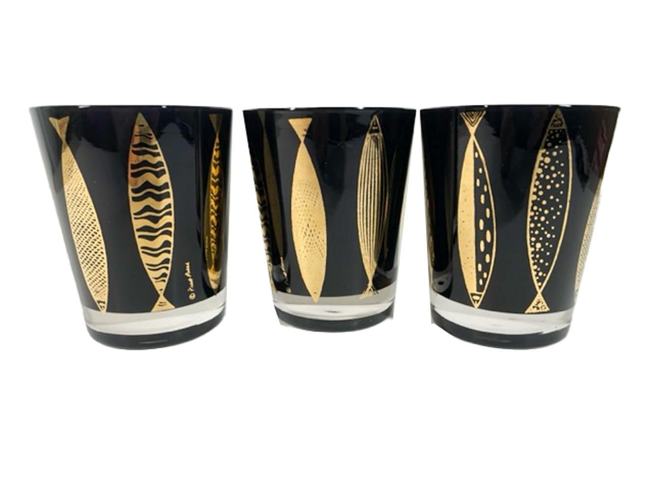 Mid-Century Modern 8 Vintage Fred Press Gold Fish Double Old Fashioned Glasses with Black Interior