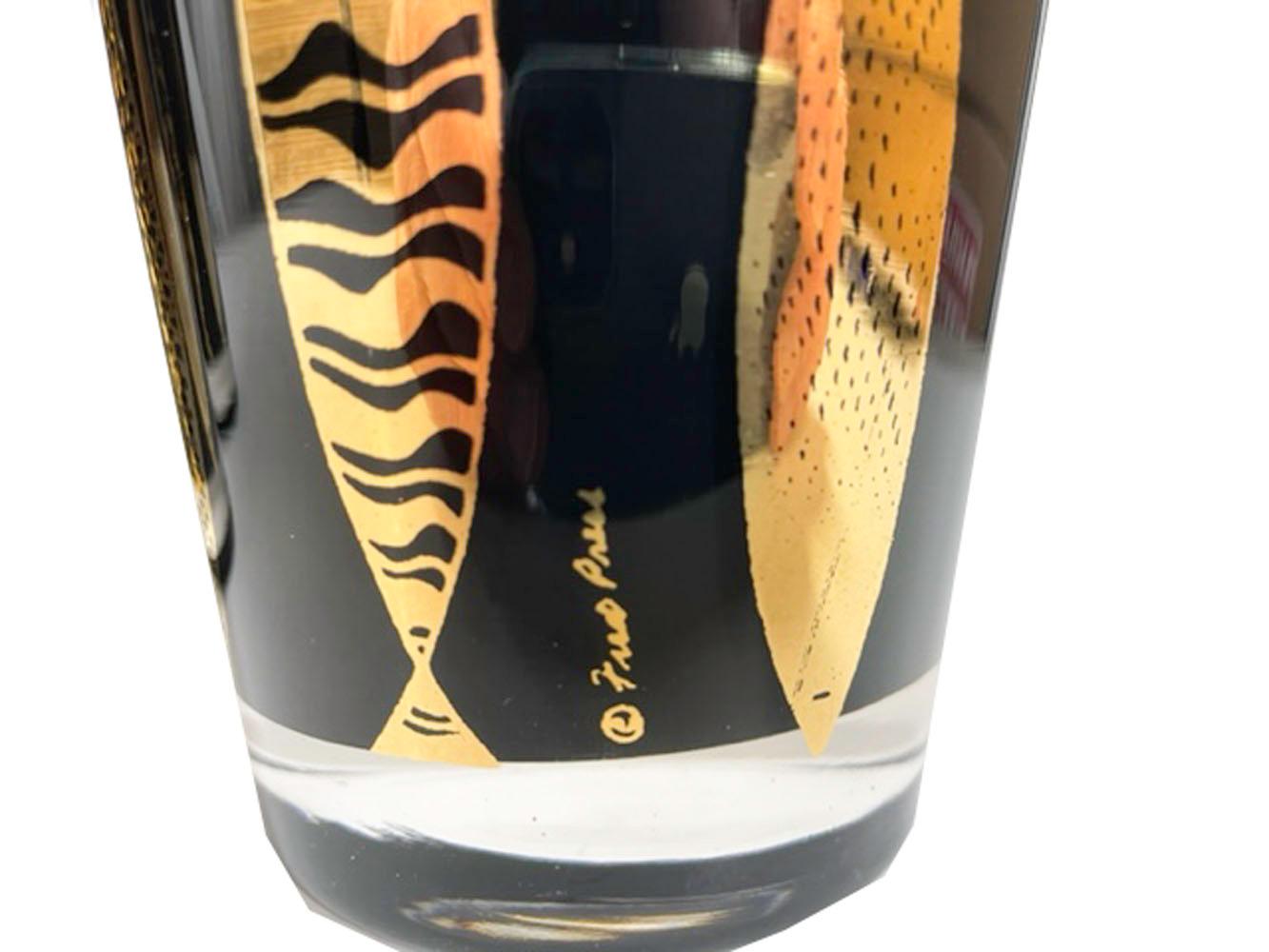 American 8 Vintage Fred Press Gold Fish Double Old Fashioned Glasses with Black Interior