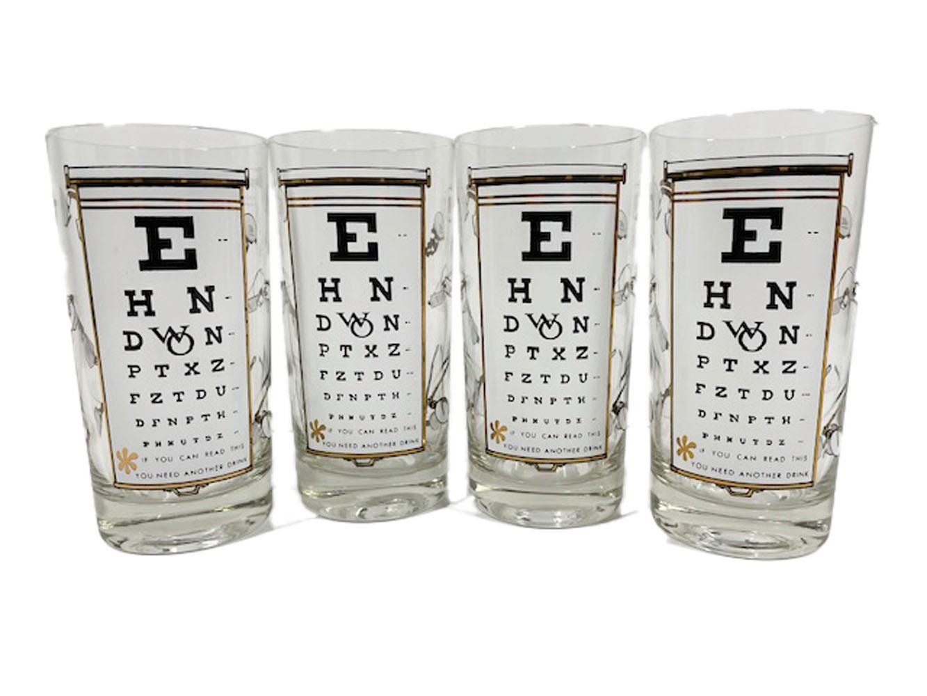 Mid-Century Modern 8 Vintage Highball Glasses with an Eyechart on Front & Spectacles on Back