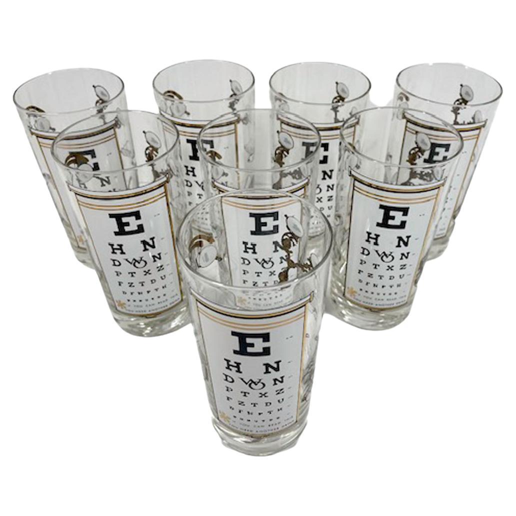 8 Vintage Highball Glasses with an Eyechart on Front & Spectacles on Back