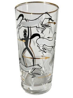 8 Vintage Highball Glasses with Cave Painting Scenes of Hunters & Horses