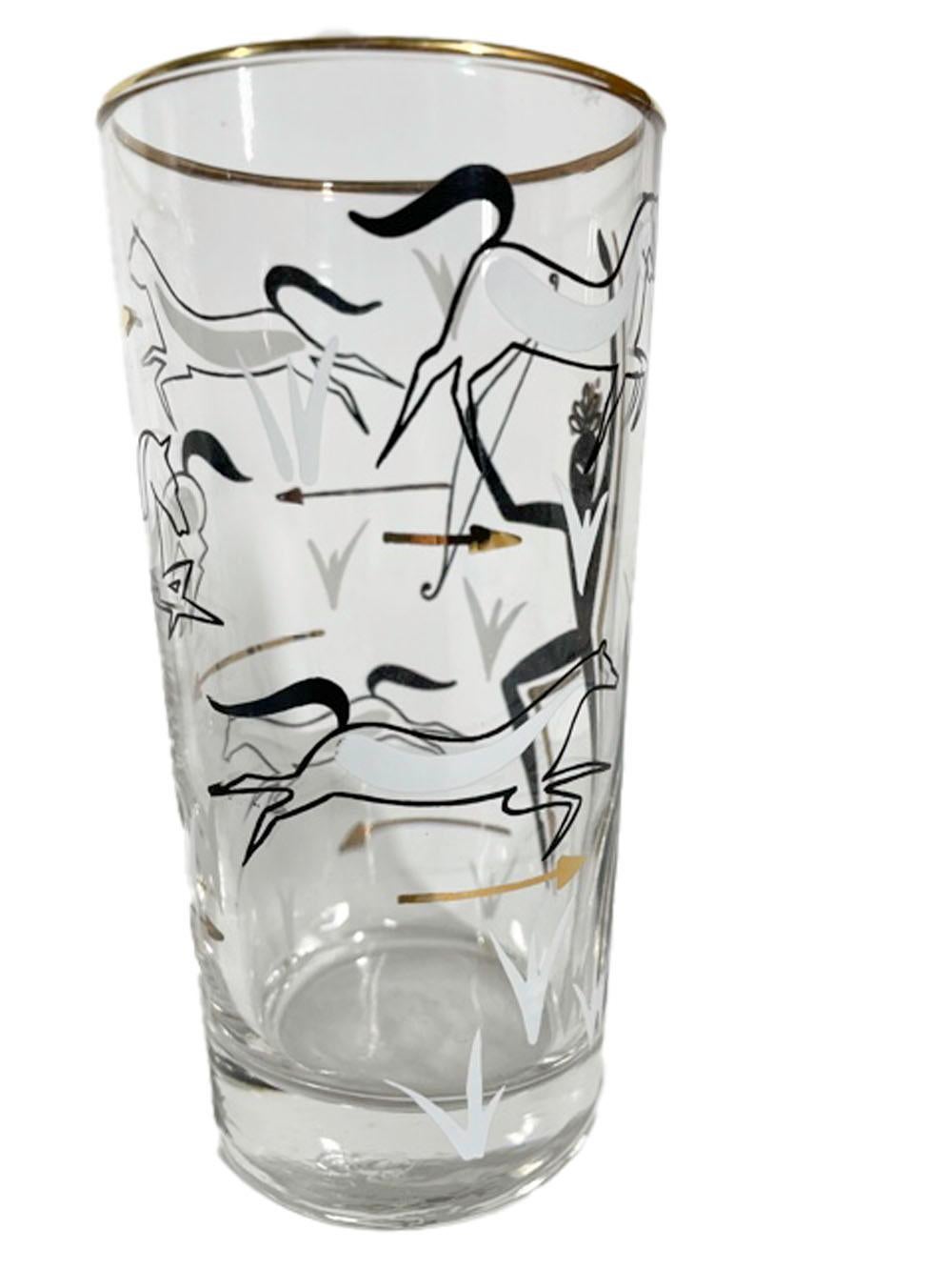 Mid-Century Modern 8 Vintage Highball Glasses with Cave Painting Scenes of Hunters & Horses For Sale