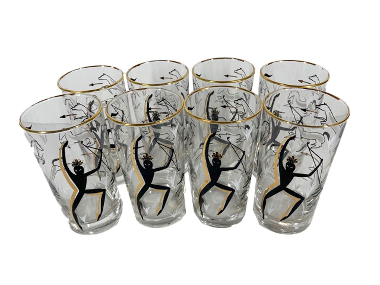 American 8 Vintage Highball Glasses with Cave Painting Scenes of Hunters & Horses For Sale