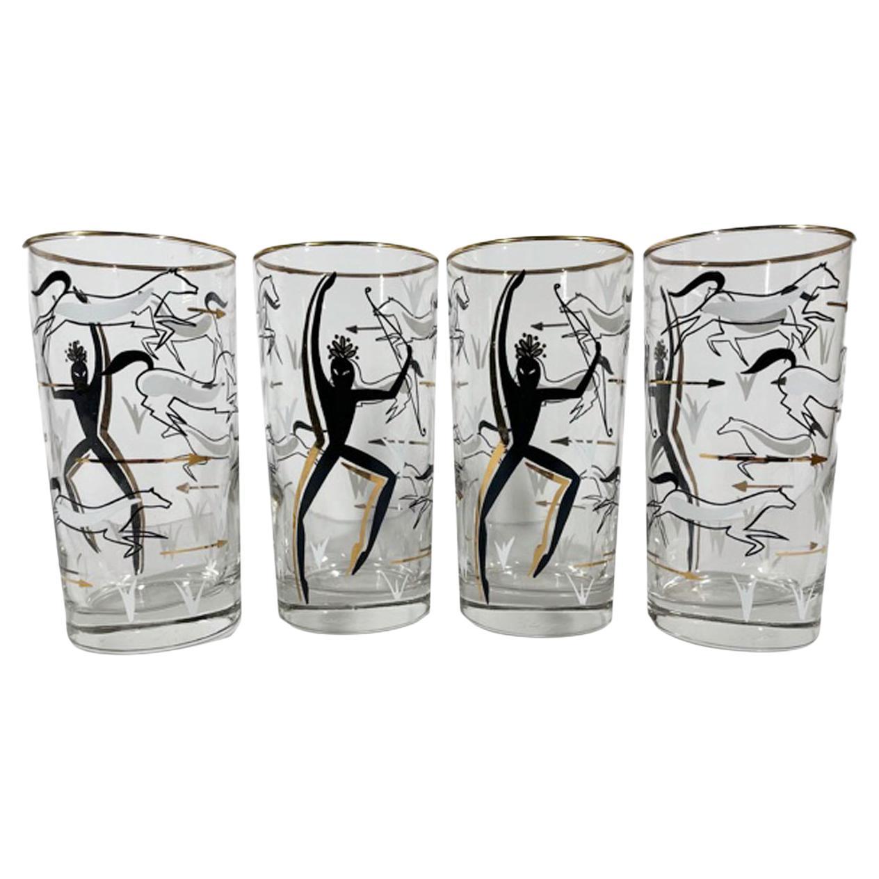 8 Vintage Highball Glasses with Cave Painting Scenes of Hunters & Horses For Sale