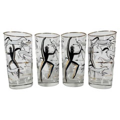 8 Vintage Highball Glasses with Cave Painting Scenes of Hunters & Horses