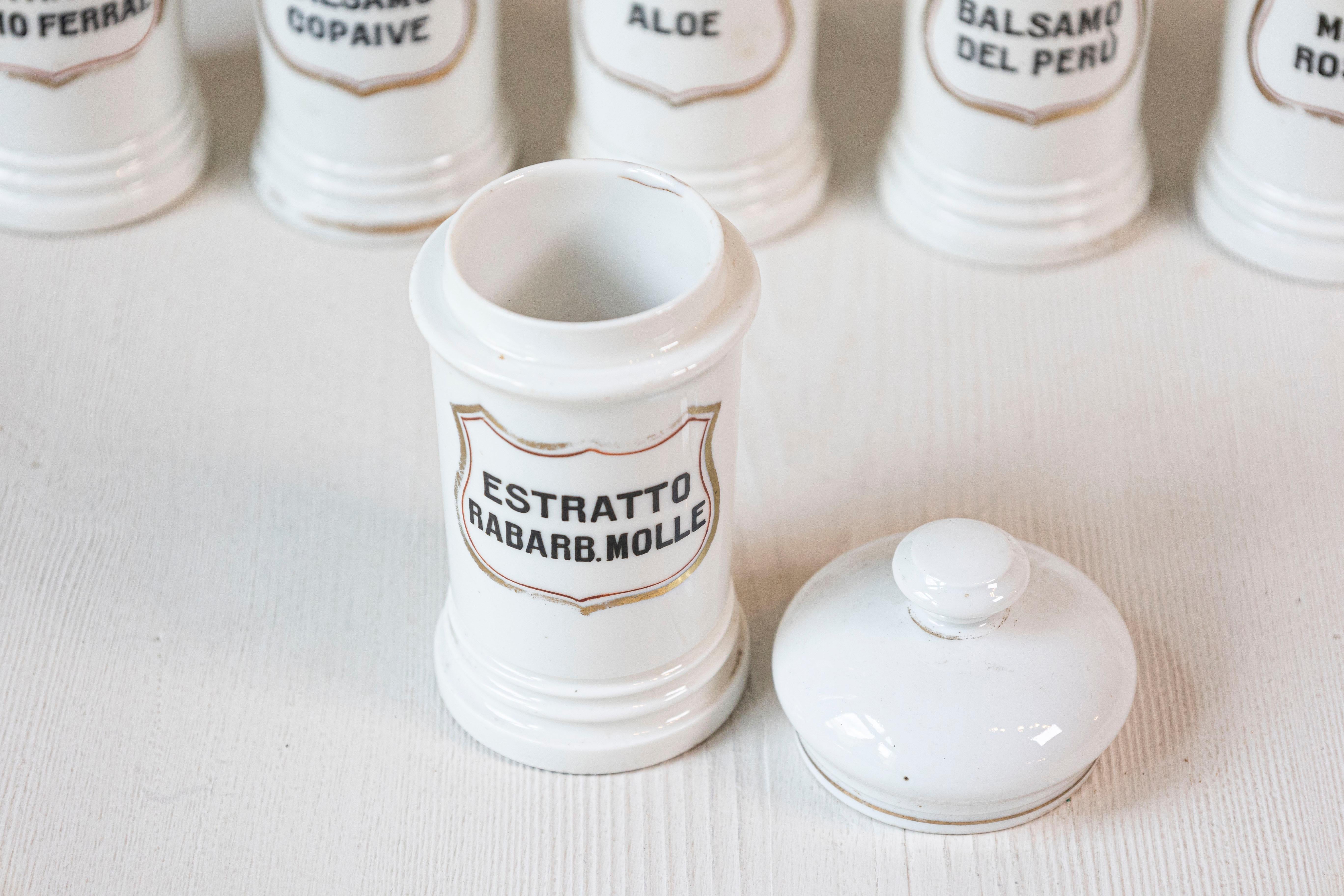 8 Vintage Italian Porcelain Pharmacy Jars with Labels, Sold Each In Good Condition For Sale In Atlanta, GA
