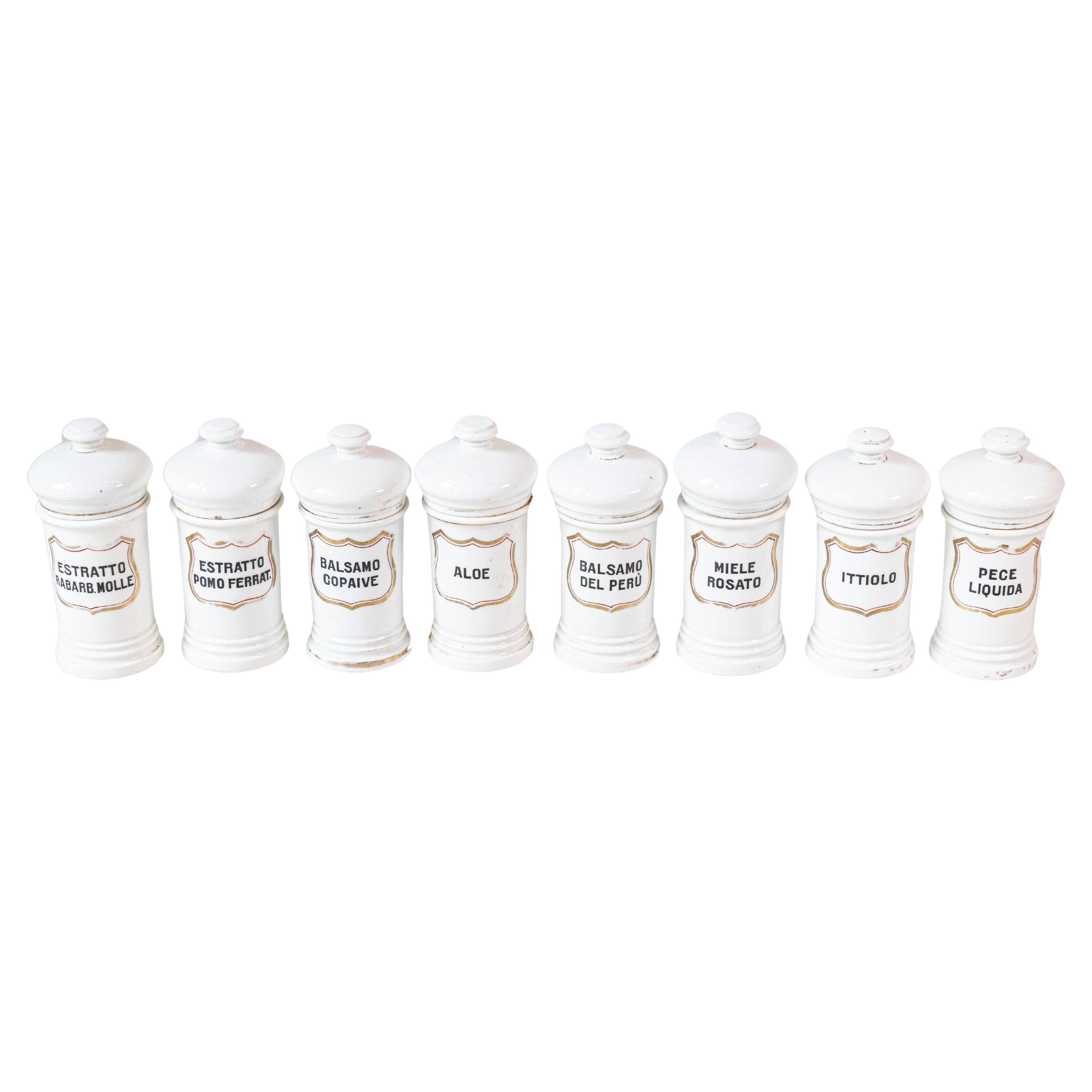 8 Tarros de farmacia de porcelana italiana vintage con etiquetas, se venden por unidad