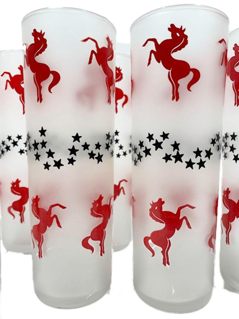 8 Vintage Libbey Frosted Tom Collins Glasses with Red Horses and Black