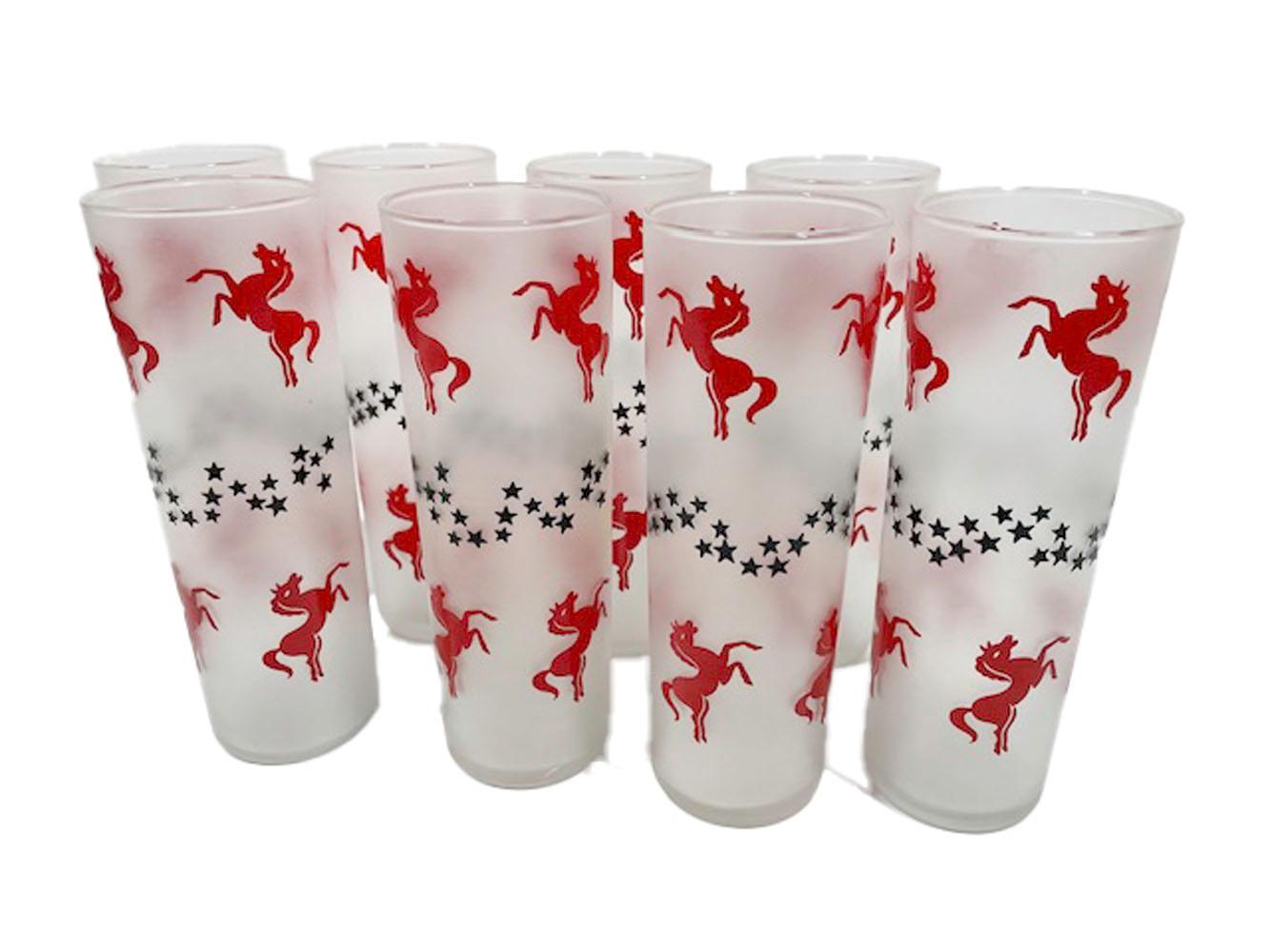 Mid-Century Modern 8 Vintage Libbey Frosted Tom Collins Glasses with Red Horses and Black Stars