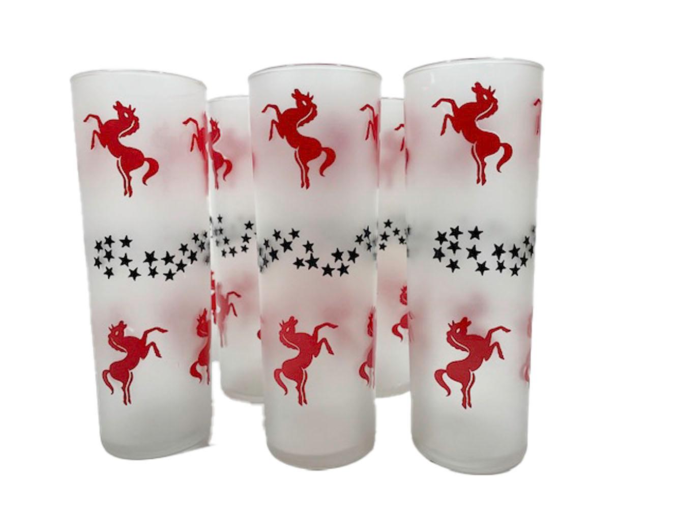 8 Vintage Libbey Frosted Tom Collins Glasses with Red Horses and Black Stars 1