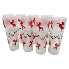 8 Vintage Libbey Frosted Tom Collins Glasses with Red Horses and Black Stars
