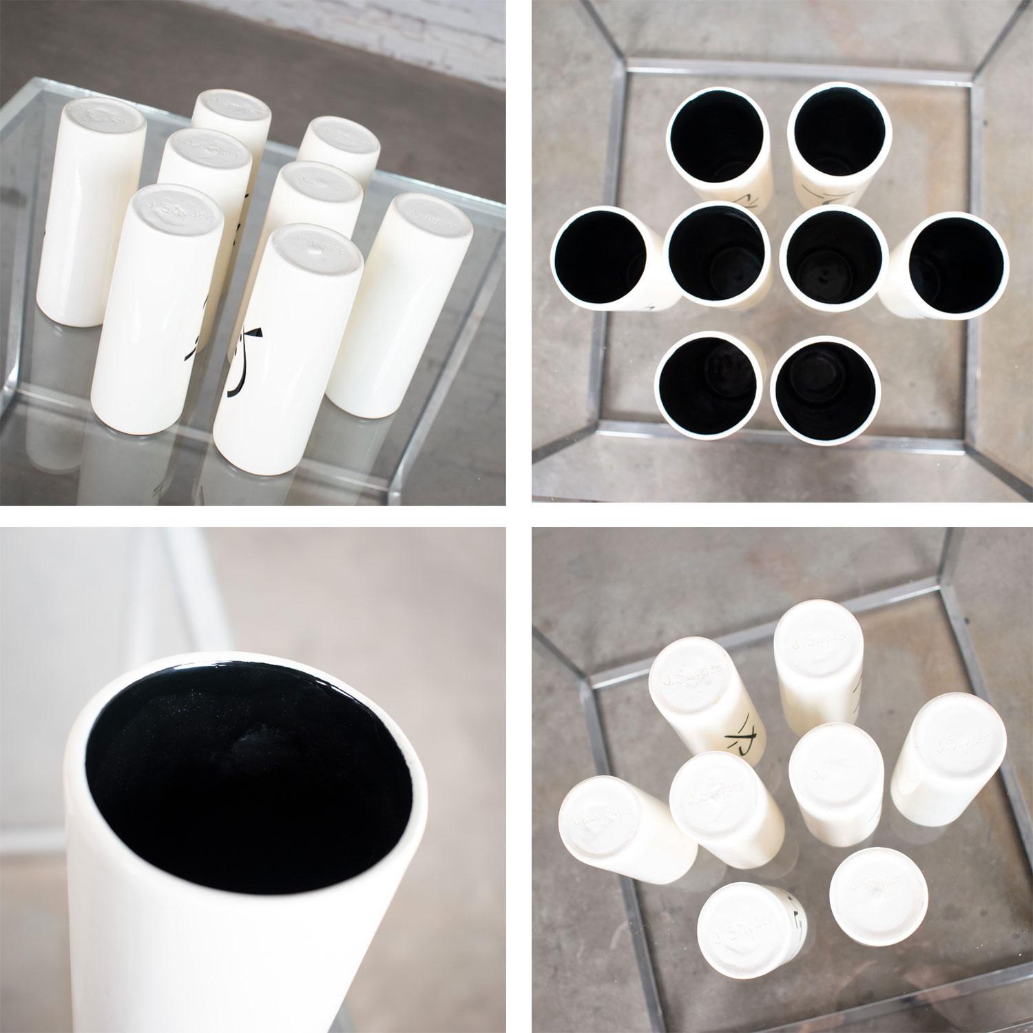 8 Vintage Mid-Century Modern Ceramic Tumblers White and Black with Asian Symbols For Sale 3