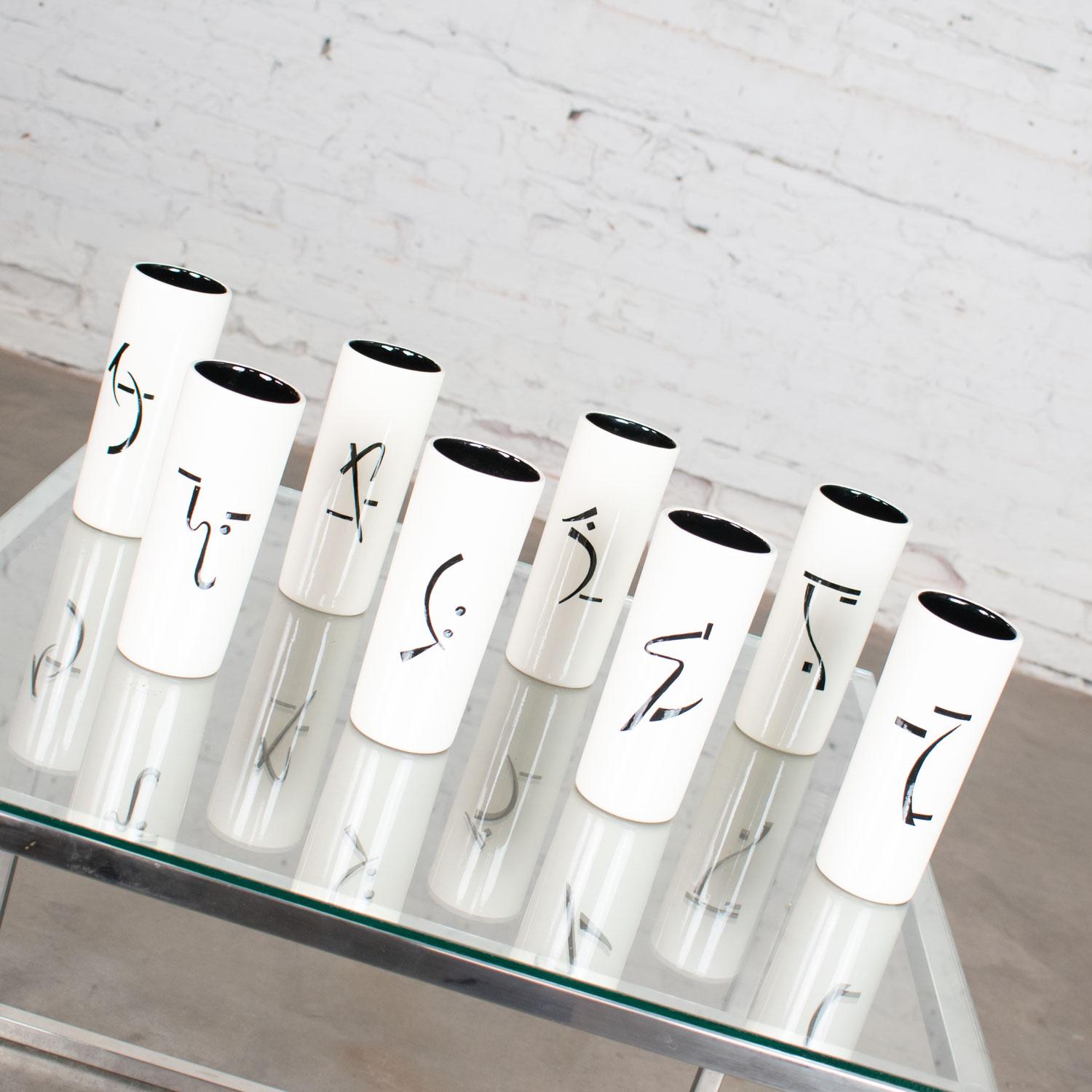 Chinoiserie 8 Vintage Mid-Century Modern Ceramic Tumblers White and Black with Asian Symbols For Sale