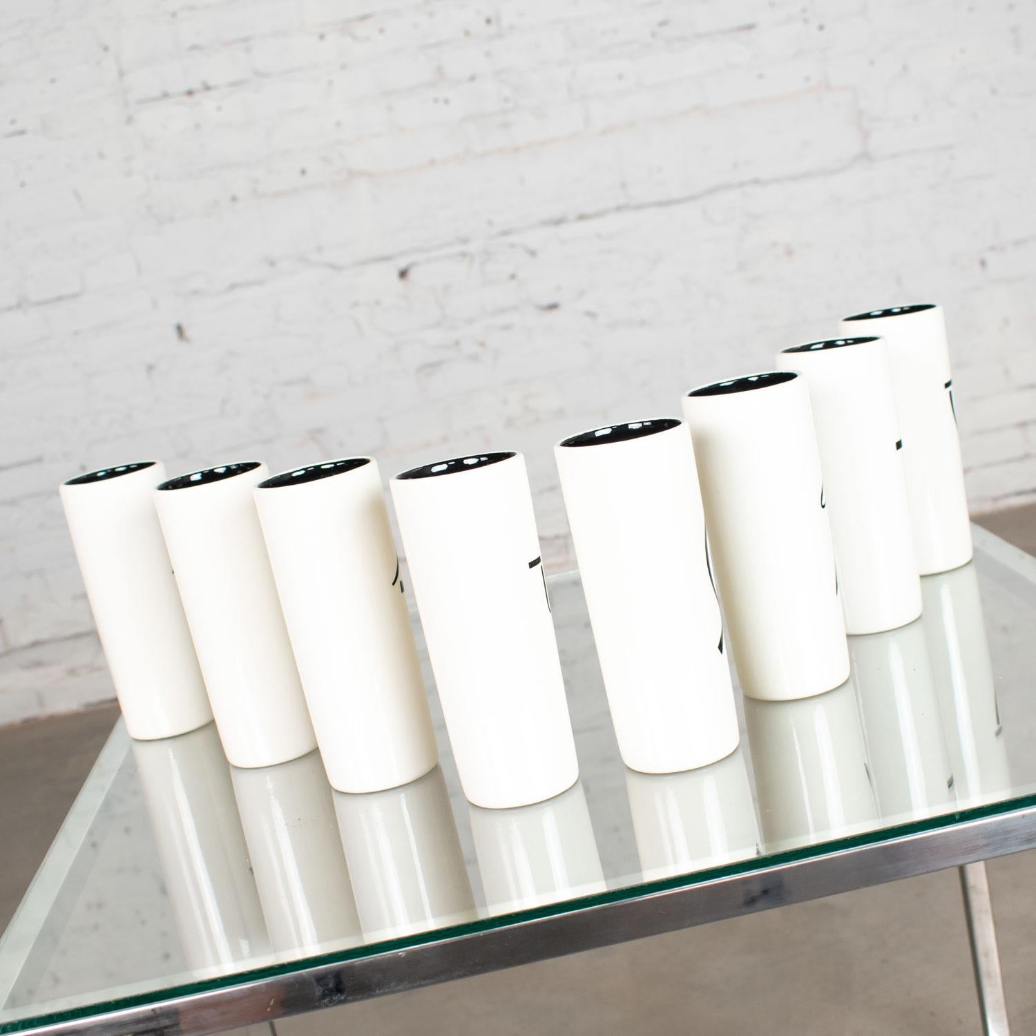 Unknown 8 Vintage Mid-Century Modern Ceramic Tumblers White and Black with Asian Symbols For Sale