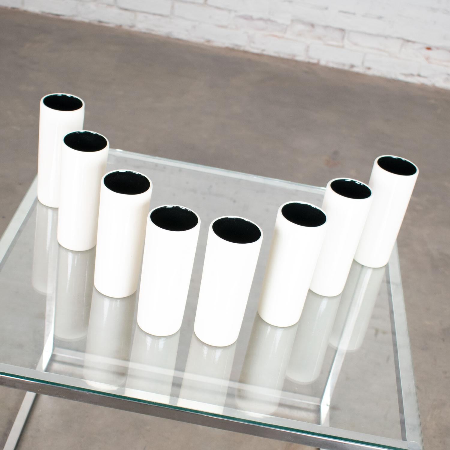 Glazed 8 Vintage Mid-Century Modern Ceramic Tumblers White and Black with Asian Symbols For Sale