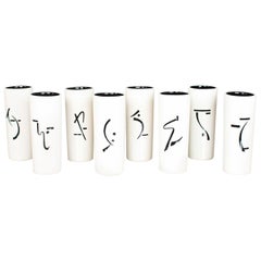 8 Vintage Mid-Century Modern Ceramic Tumblers White and Black with Asian Symbols