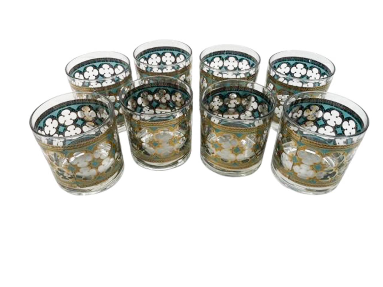 8 Vintage Rocks Glasses by Washington Glass in Gold & Green Quatrefoil Pattern For Sale 4