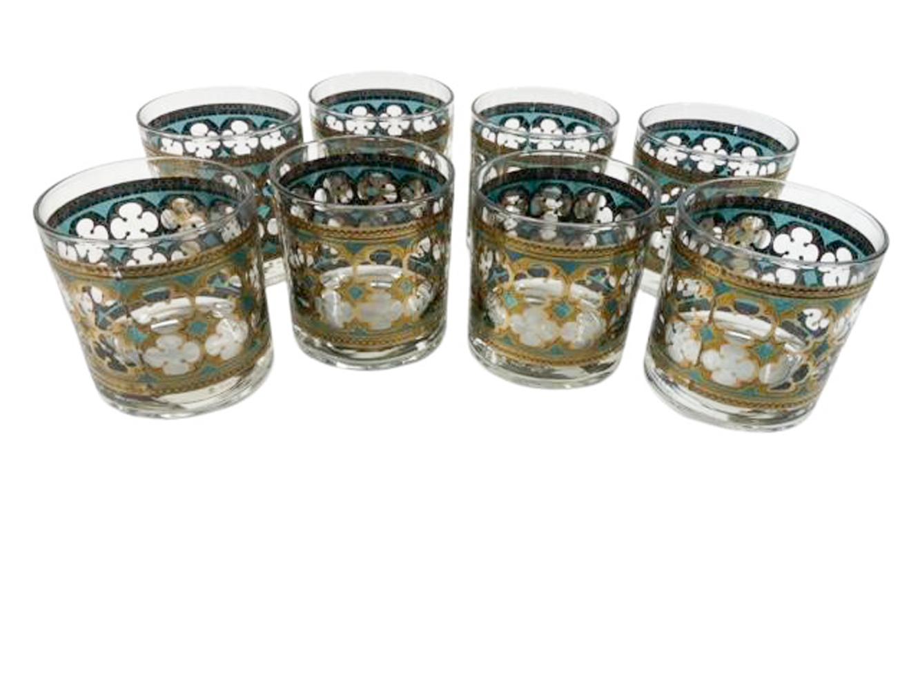 8 Vintage Rocks Glasses by Washington Glass in Gold & Green Quatrefoil Pattern For Sale 5