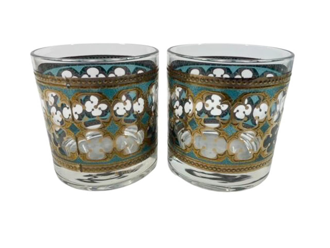 Mid-Century Modern 8 Vintage Rocks Glasses by Washington Glass in Gold & Green Quatrefoil Pattern For Sale