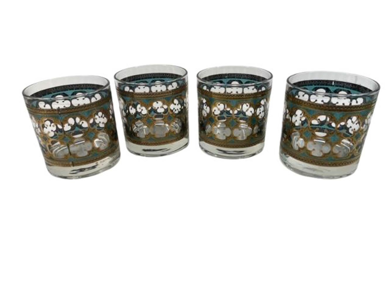 20th Century 8 Vintage Rocks Glasses by Washington Glass in Gold & Green Quatrefoil Pattern For Sale