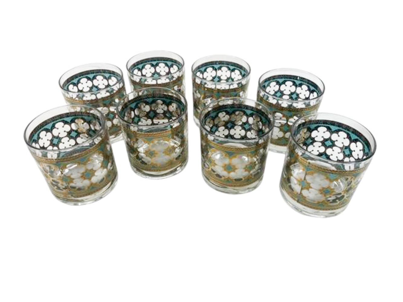 8 Vintage Rocks Glasses by Washington Glass in Gold & Green Quatrefoil Pattern For Sale 2