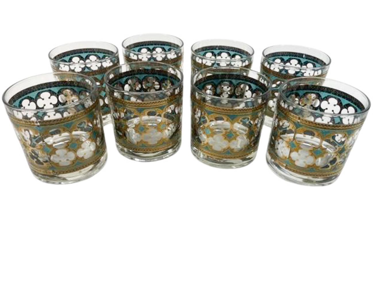 8 Vintage Rocks Glasses by Washington Glass in Gold & Green Quatrefoil Pattern For Sale 3