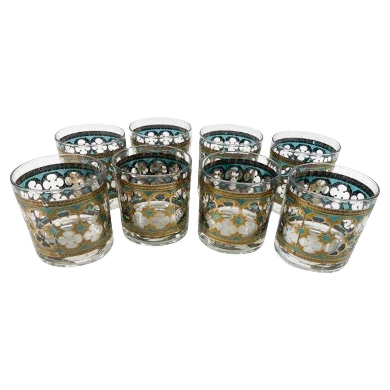 8 Vintage Rocks Glasses by Washington Glass in Gold & Green Quatrefoil Pattern For Sale