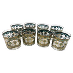 8 Vintage Rocks Glasses by Washington Glass in Gold & Green Quatrefoil Pattern