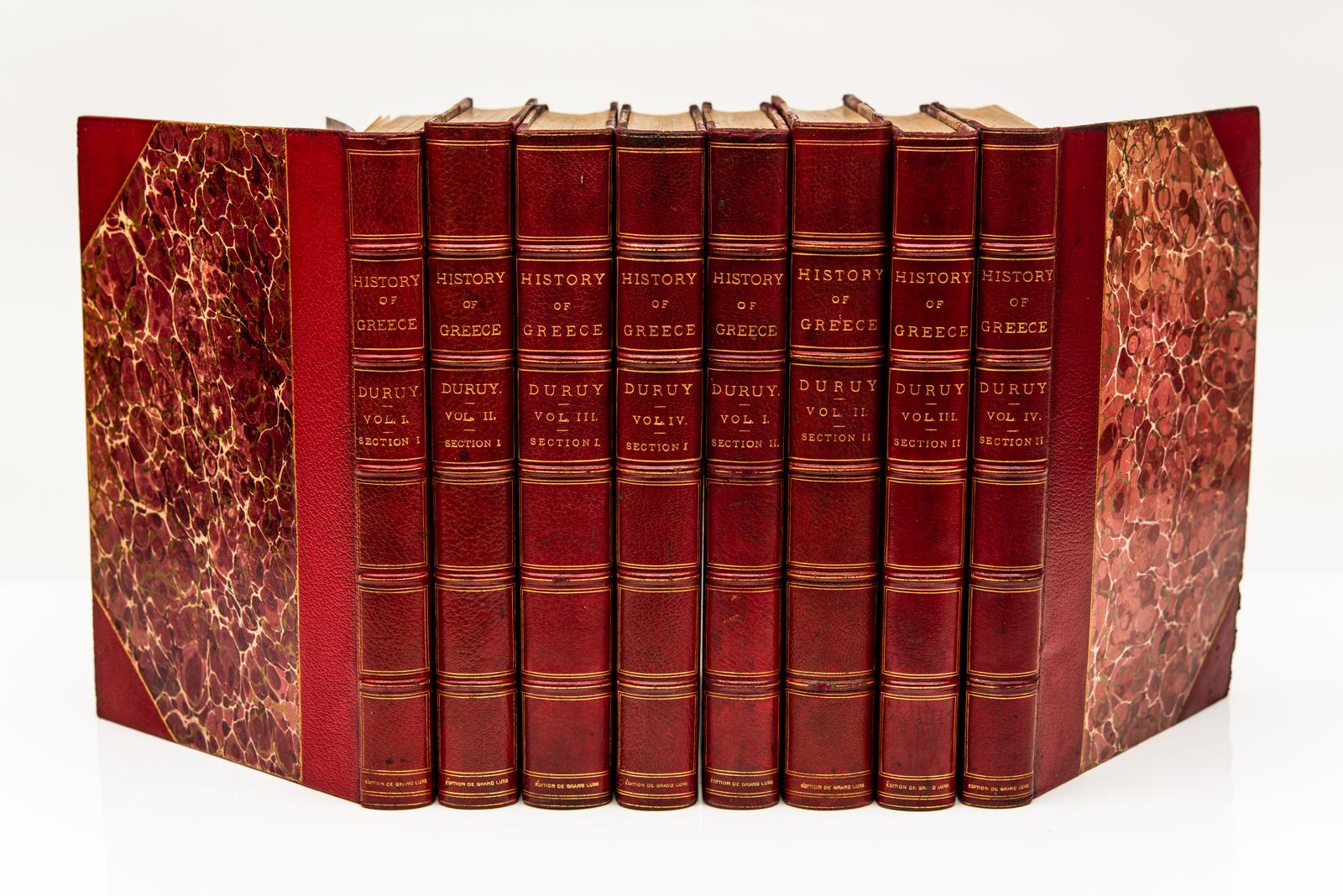8 Vol. Victor Duruy, Historia de Grecia y del pueblo griego desde los primeros tiempos hasta la conquista romana. Traducido por M.M. Ripley, con una introducción de J.P. Mahaffy. Edición de Gran Lujo, 250 ejemplares numerados y registrados en Papel