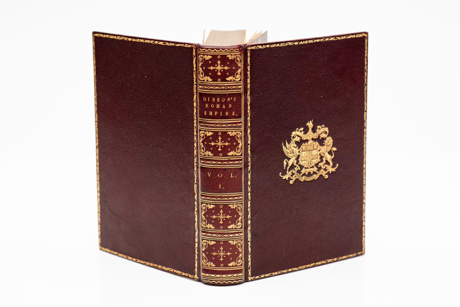 8 Vols. Edward Gibbon. The Decline and Fall of The Roman Empire Plus The Memoirs of The Life of Gibbon. Bound in full red morocco, all edges gilt, raised bands, gilt panels, crest on front covers, illustrated with maps. Published: London, Methuen &