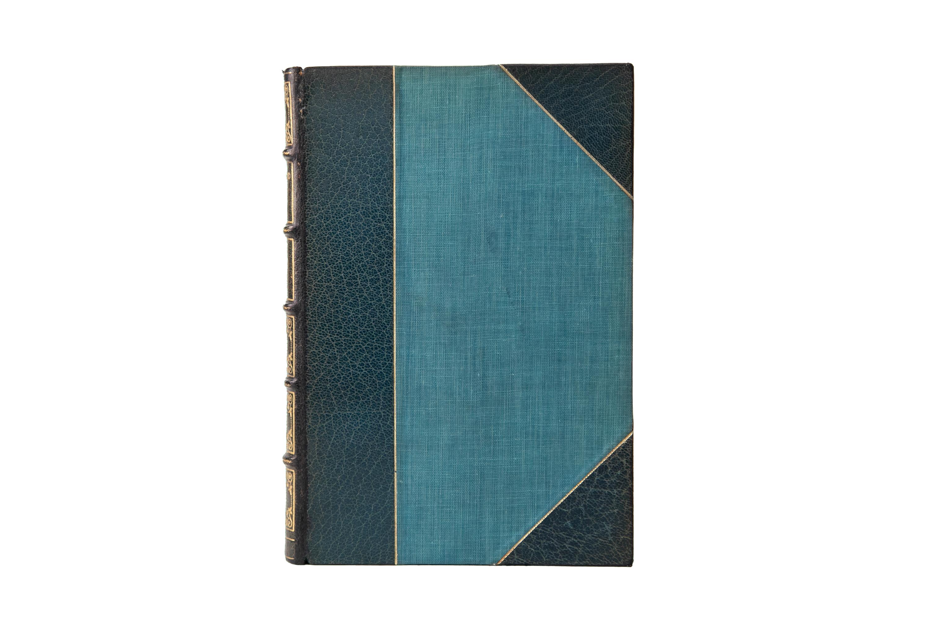 8 Volumes. Alexandre Dumas, Celebrated Crimes. Bound in 3/4 blue morocco and linen boards bordered in gilt-tooling. The spines display raised bands, bordering, label lettering, and panel details, all gilt-tooled. The top edges are gilded with