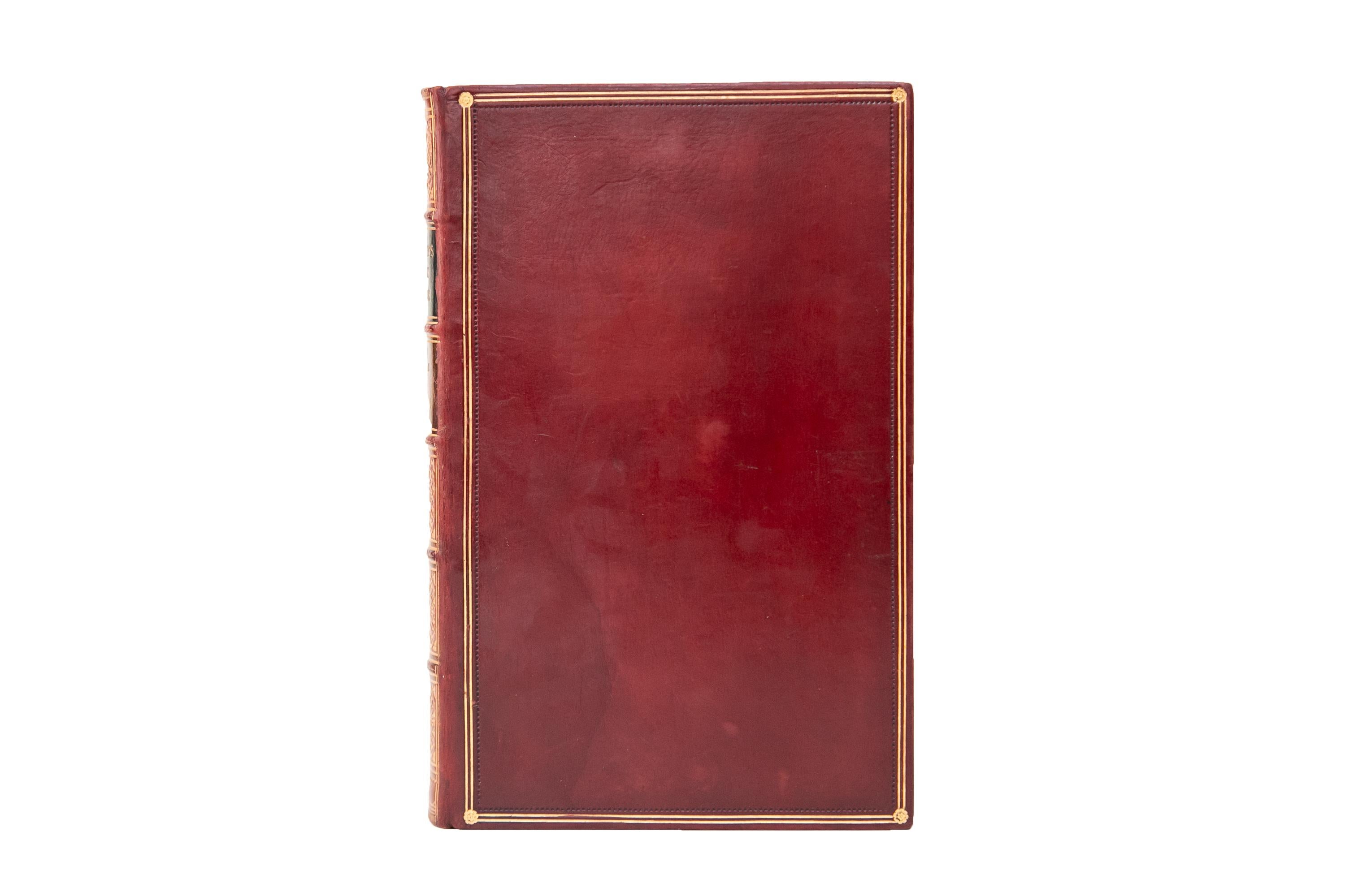 8 Volumes. Edward Gibbon, The History of the Decline and Fall of the Roman Empire. Bound in full wine calf with the covers displaying a gilt-tooled and open-tooled border with gilt-tooled floral corner details. The spines display green and yellow