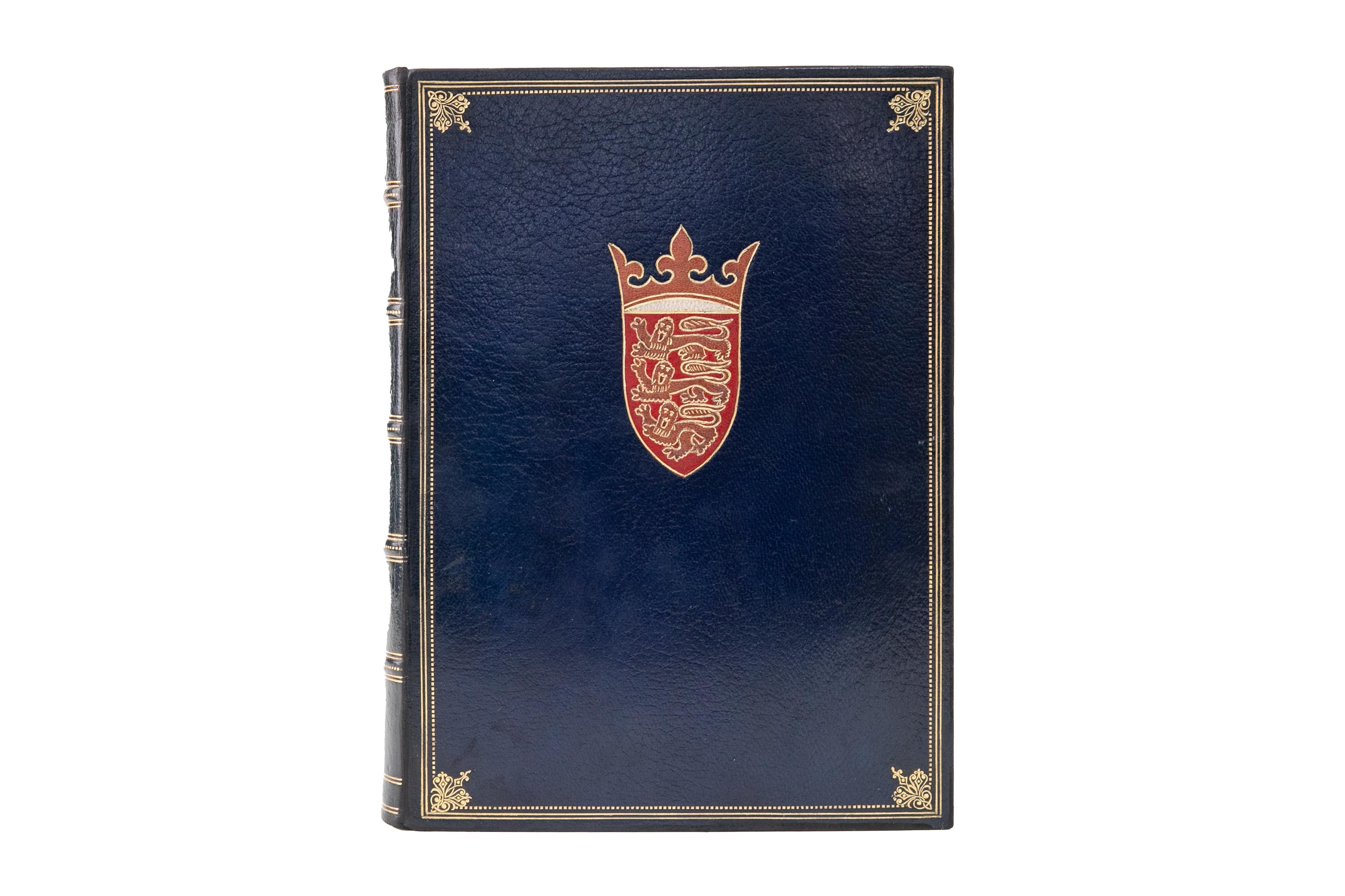 8 Volumes. Jean Froissart, Froissart's Chronicles. Limited Leather Private Press. Bound in full crushed blue morocco, raised bands, gilt ruled and tooled spine and boards, 14th century Royal Arms Of England inlaid on front boards, top edges gilt,