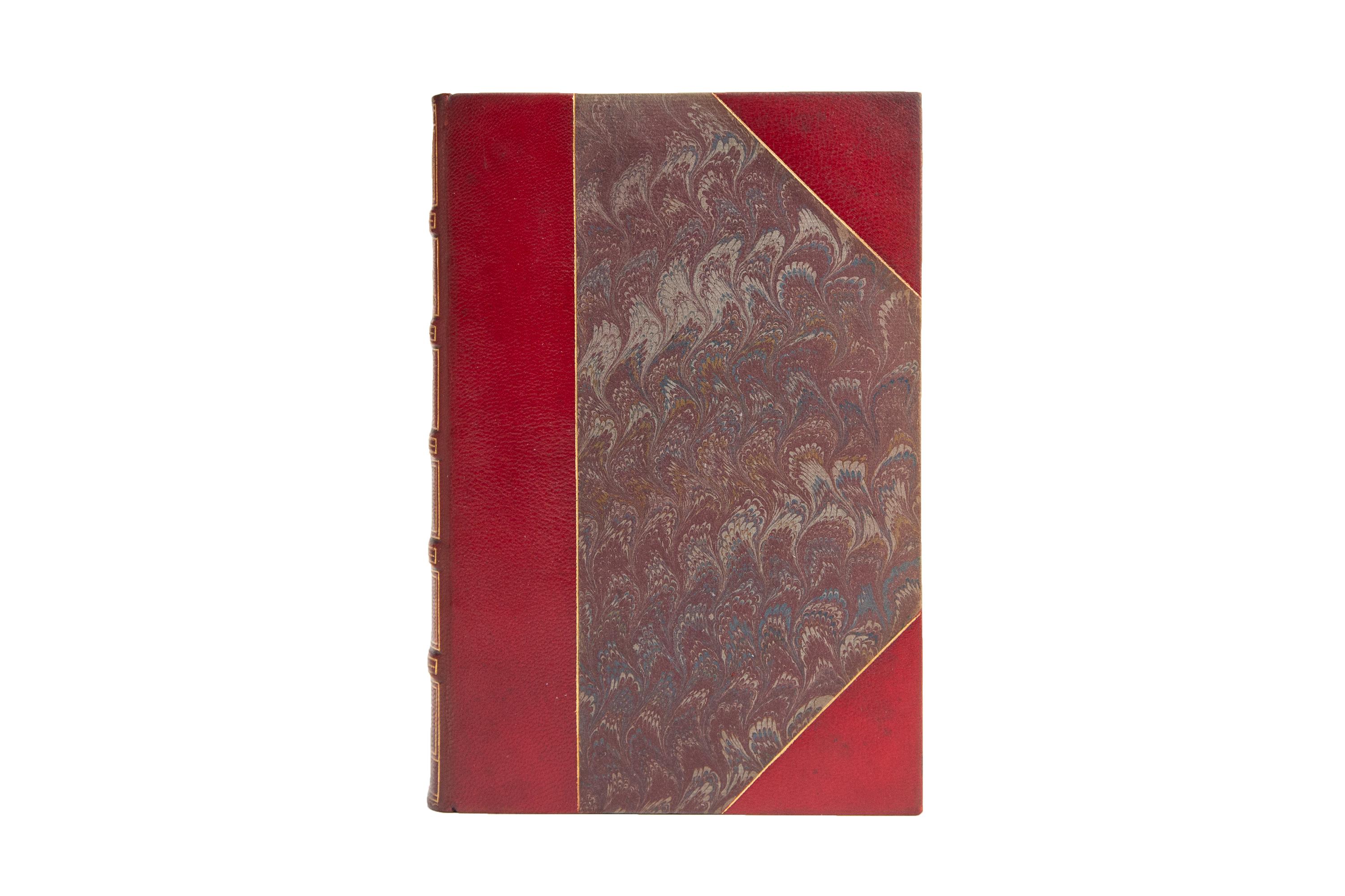 8 Volumes. John Bach McMaster, A History of the People of the United States from the Revolution to the Civil War. Bound in 3/4 red morocco and marbled boards, bordered in gilt. Raised bands gilt with panels displaying gilt bordering and label