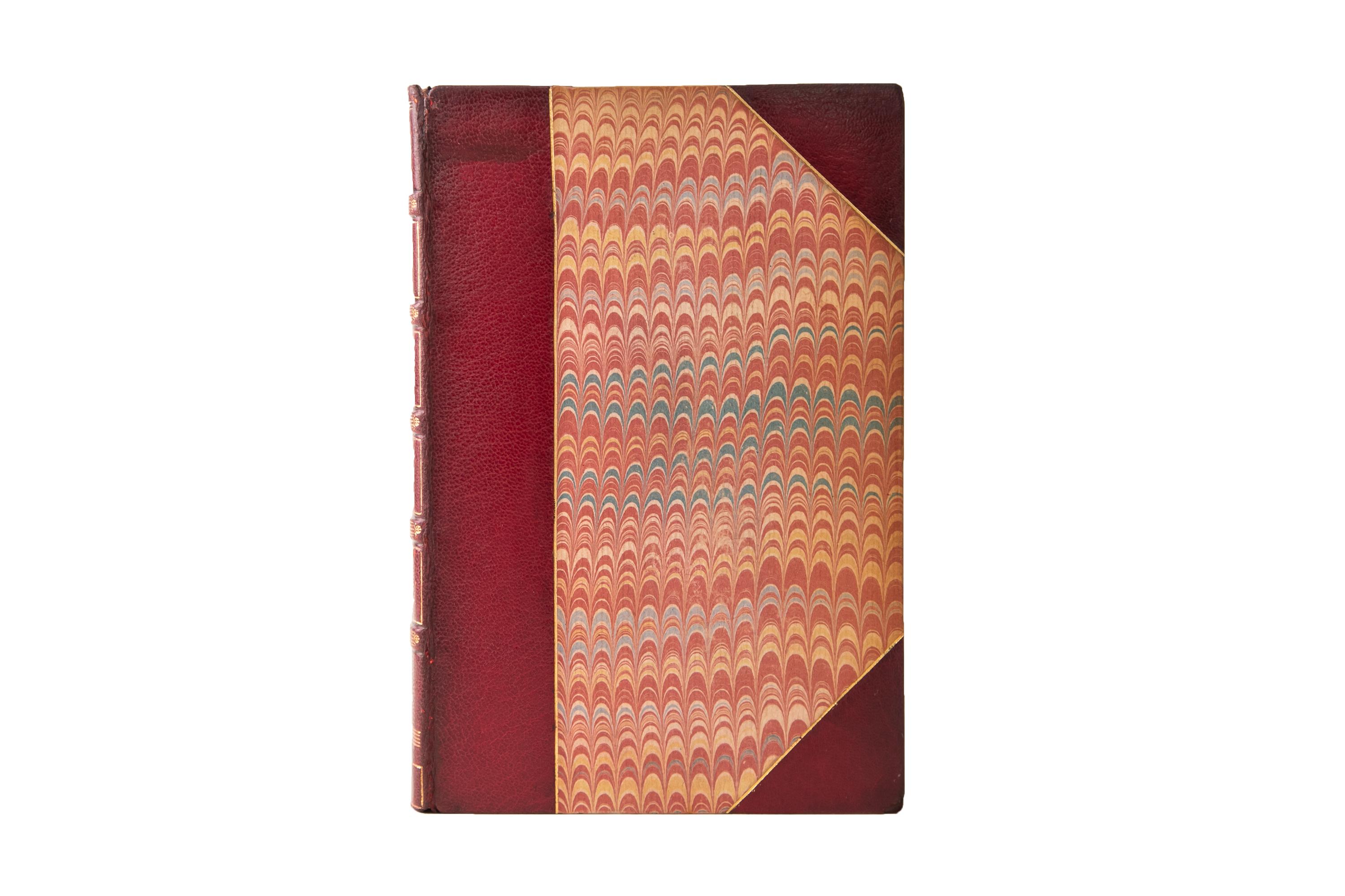 8 Volumes. Robert Burns, Collected Poetry. Extra Illustrated Edition. Bound by Zaehnsdorf in 3/4 red morocco and marbled boards bordered in gilt tooling. The spines display raised bands, bordering, label lettering, and crest panel detailing. The top