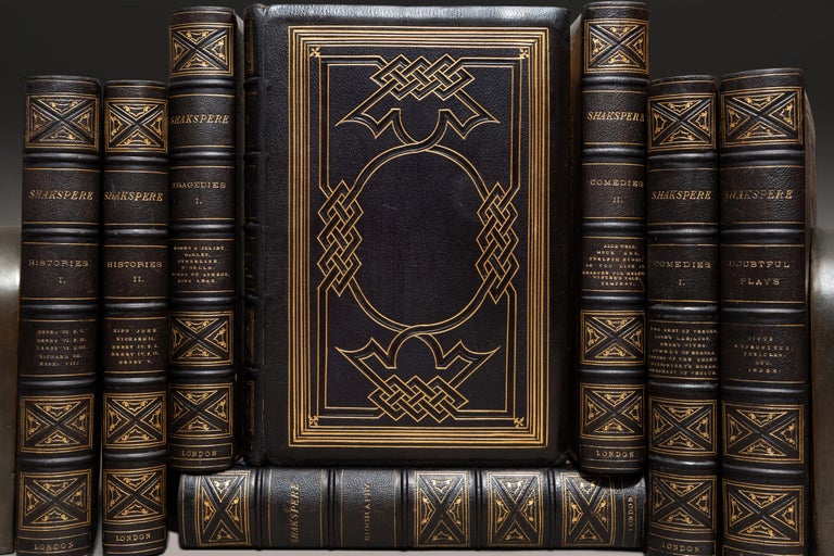 8 Volumes. William Shakespeare. The Works. The Pictorial Edition. Edited by Charles Knight. Bound in full navy morocco. Ornate gilt on spines and covers, raised bands, inner dentelles, all edges gilt by Townsend & Son. With illustrations.