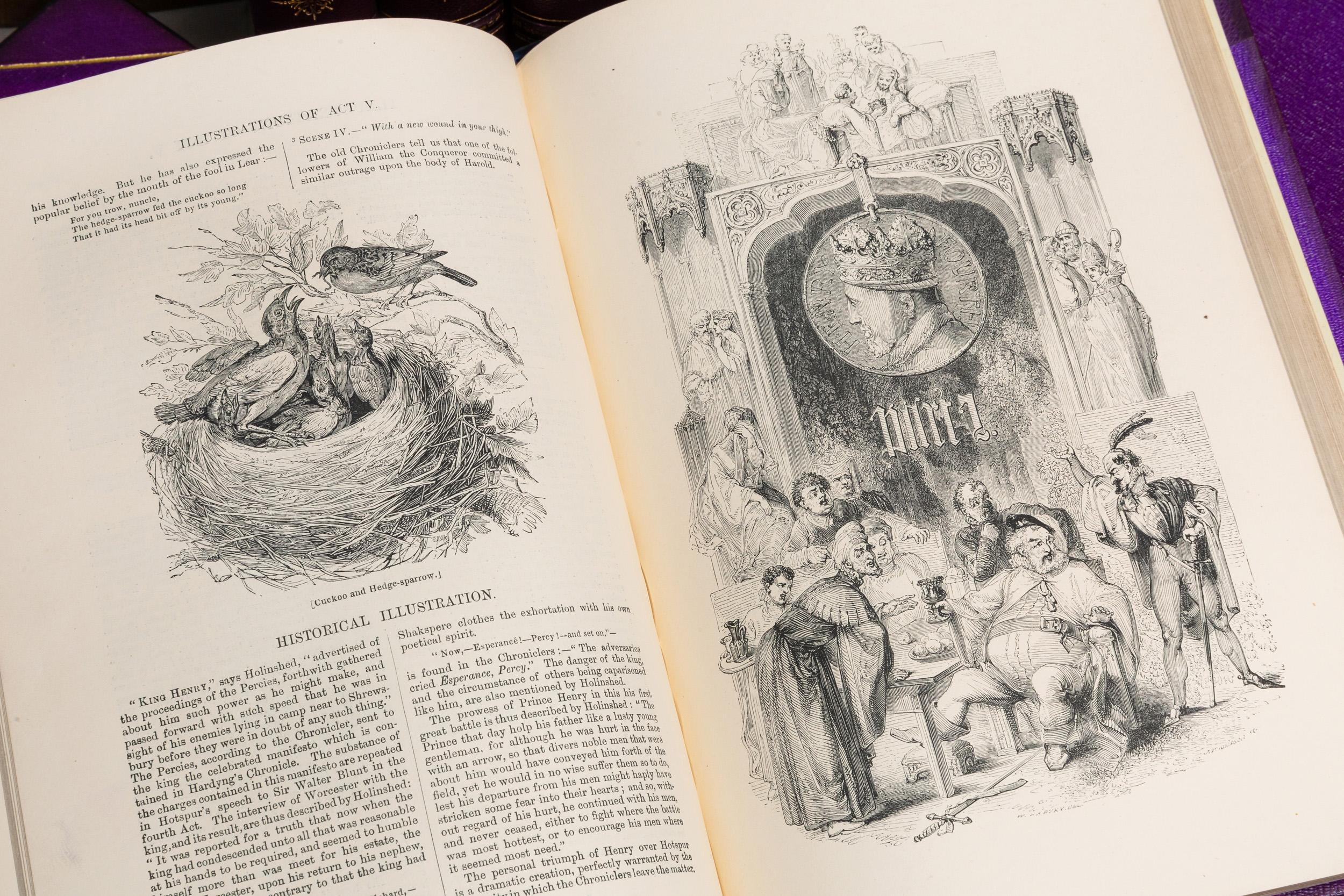 8 Volumes. William Shakespeare. The Works. Pictorial Edition. Edited by Charles Knight. 456 illustrations. Bound in 3/4 purple morocco with linen boards. Gilt on spines and covers, raised bands, all edges gilt.
Published: London: Virtue, Spalding,