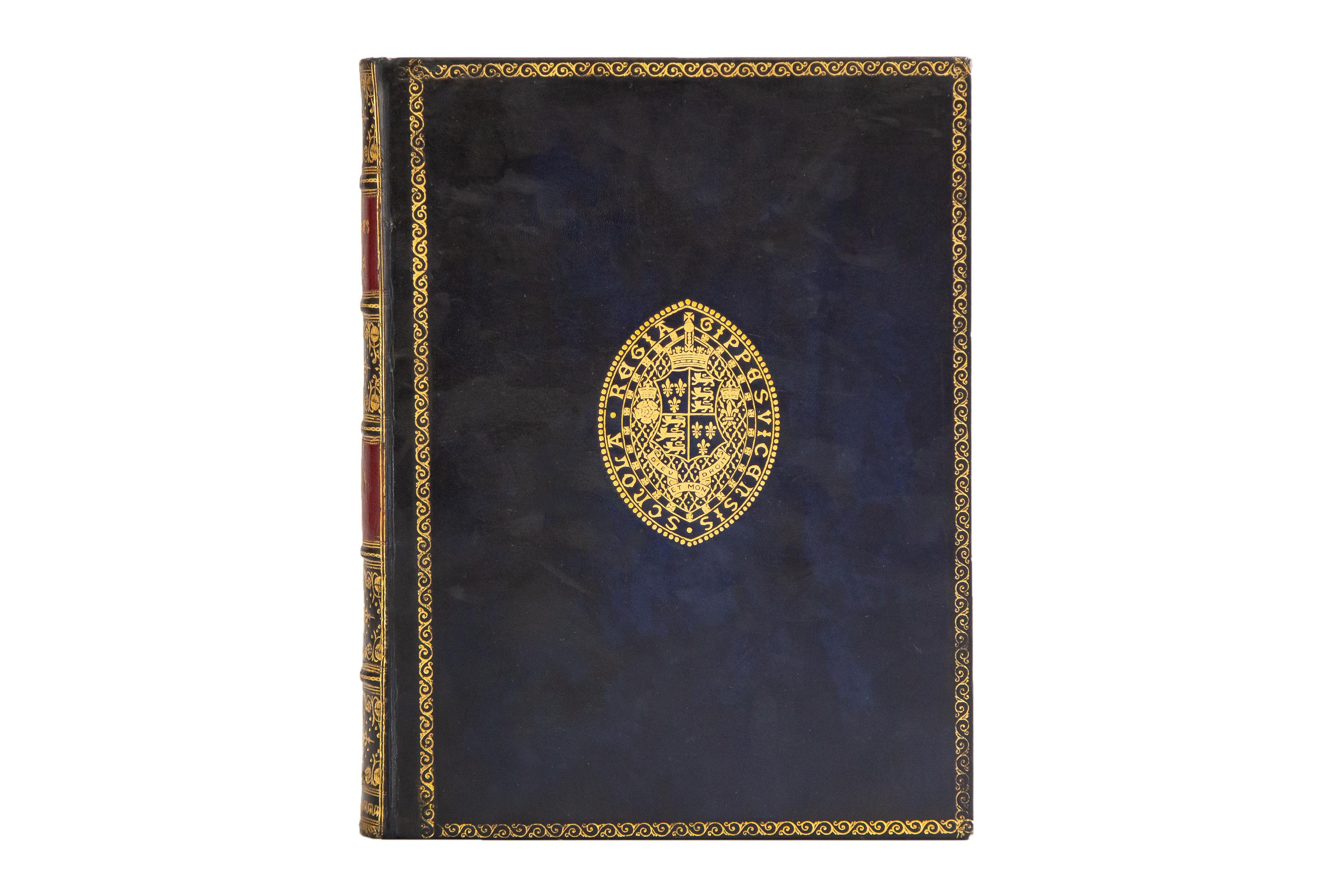 8 Volumes. William Shakespeare, The works of William Shakespeare. Bound in full blue calf. The covers display an ornate border and crest in gilt. Raised band spine gilt with gilt floral detailing on panels and res calf title panels with gilt