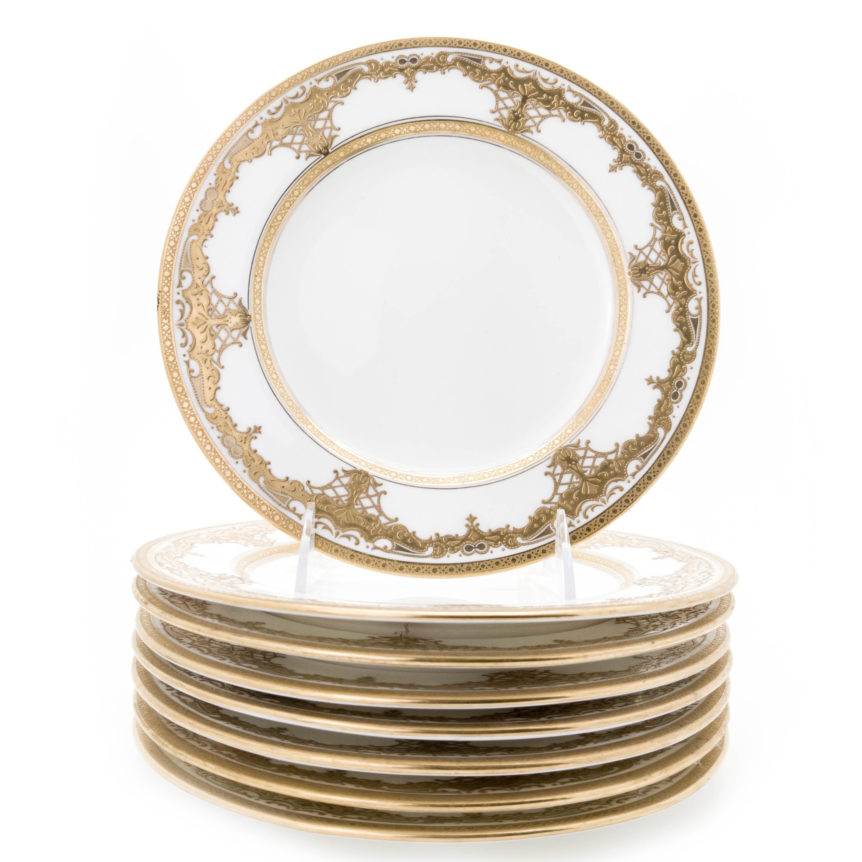 8  Tiffany White and Gold Gilt Encrusted Dessert Plates, Antique English  For Sale 1
