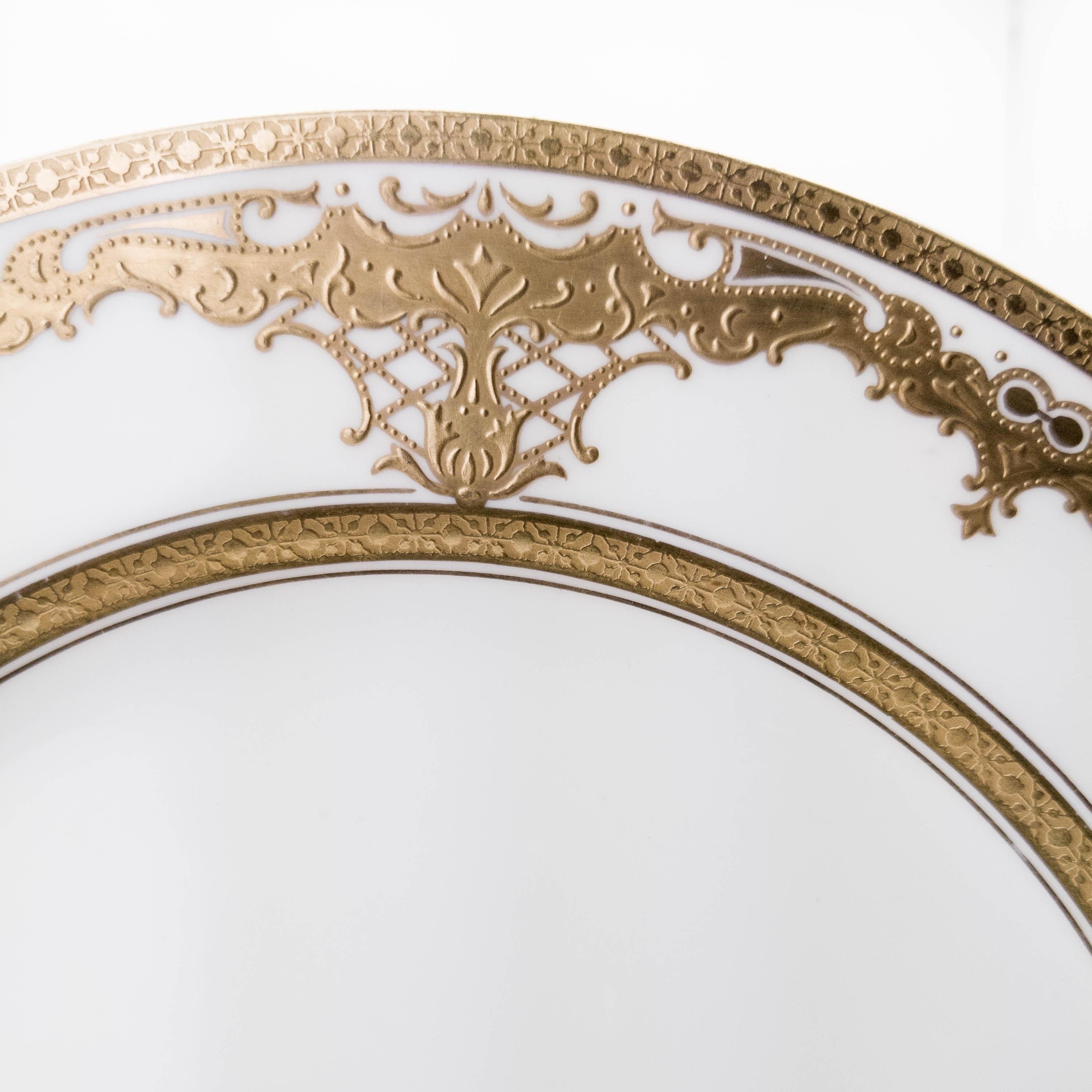 Hand-Crafted 8  Tiffany White and Gold Gilt Encrusted Dessert Plates, Antique English  For Sale